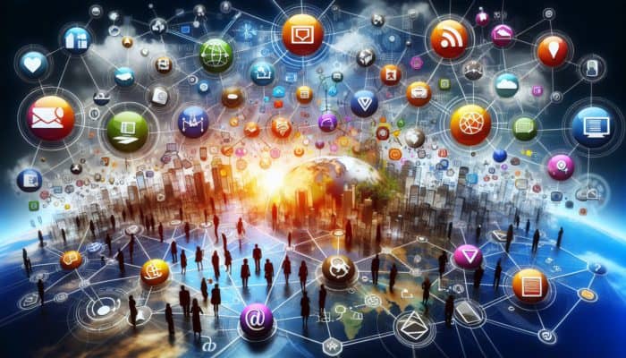 Internet Marketing in Teignmouth for Small Business: A vibrant digital landscape showing interconnected nodes for search engines, social media, email, and websites engaging a global audience.