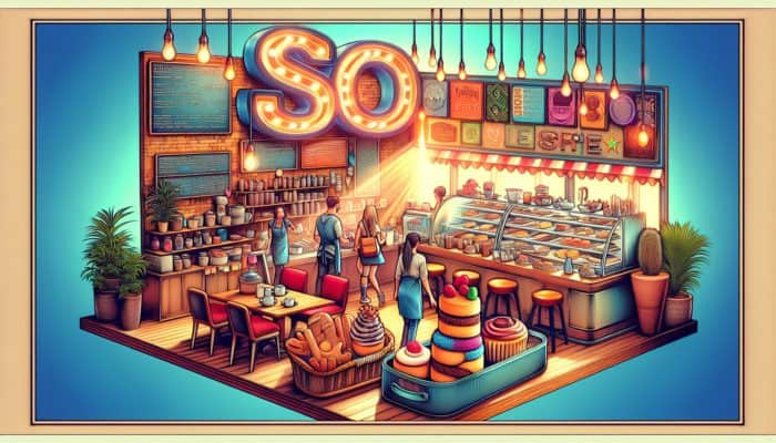 A busy Weymouth coffee shop with "Best Pastries in Weymouth" sign, locals and tourists, SEO keywords in decor and menu.