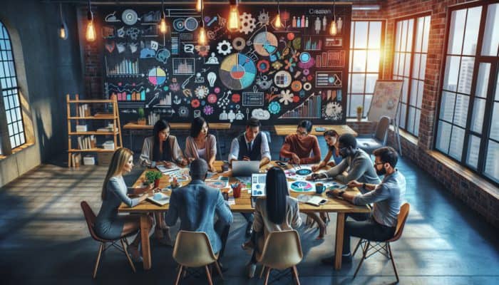 Content Creation in Bridgwater for Small Business: A vibrant small business team in Bridgwater brainstorming content ideas with charts and devices.