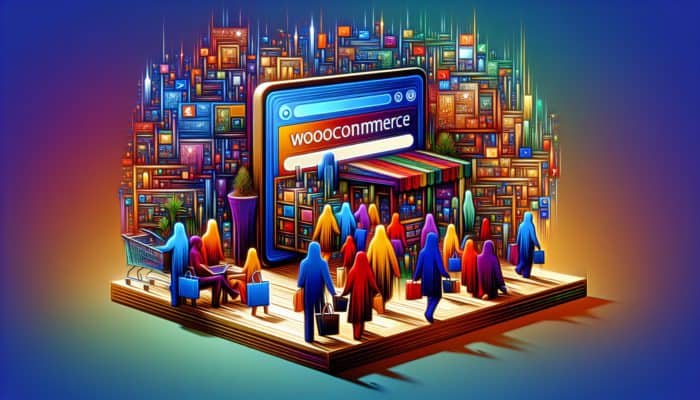 WooCommerce Setup for Small Businesses in Weston-super-Mare: A vibrant digital marketplace in Weston-super-Mare with a customizable WooCommerce store on WordPress, bustling with diverse customers.
