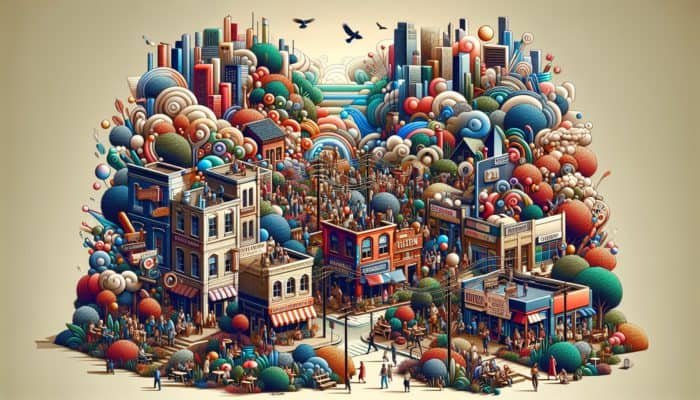 Web Development in Ferndown for Small Business: A vibrant digital landscape with small businesses in Ferndown using engaging websites to attract customers and foster community interaction.