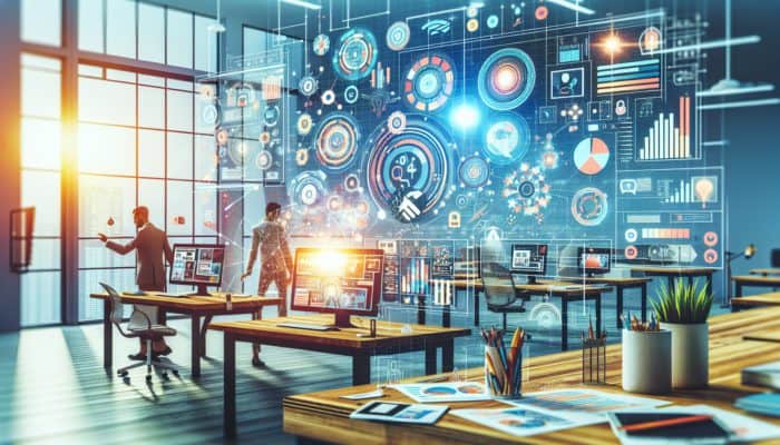 A small business in Calne using WordPress and Canva for content creation in a modern office.