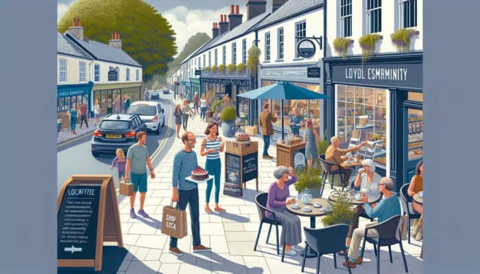 A vibrant Keynsham street with a café's 'Coffee and Cake for a Cause' event and a 'Shop Local' promotion, bustling with community members.