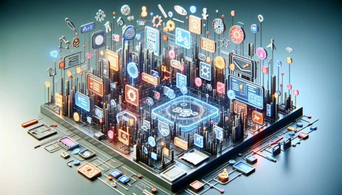 On-page SEO in Portland for Small Business: A vibrant digital workspace illustrating effective on-page SEO with glowing title tags, meta descriptions, optimized URLs, and high-quality content.