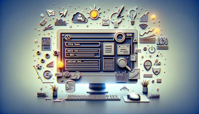 On-Page SEO in Blandford Forum for Small Business: A computer screen showing a web page with SEO elements like title tags and analytics graphs.