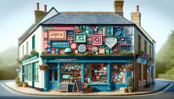 A vibrant storefront in Blandford Forum with local keywords and a community map, enhancing on-page SEO.