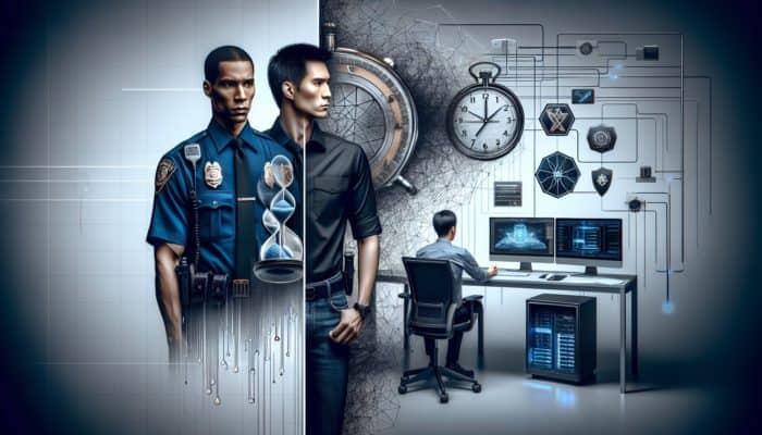 Cybersecurity Insights: Adam Pilton in law enforcement uniform and as cybersecurity expert, illustrating career transition.