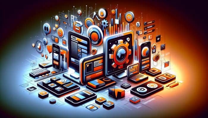 Modern website interface with icons for CMS, responsive design, and SEO, adjusting across devices.