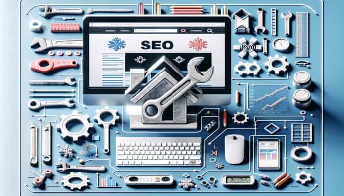 5 SEO Hacks: A digital workspace showing a webpage with "Hamilton HVAC repair" highlighted in the first 100 words, surrounded by SEO tools and graphs.