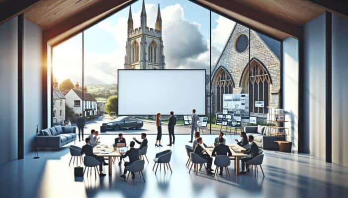 Modern WordPress design studio in Glastonbury, professionals collaborating around a large screen with historic architecture backdrop.