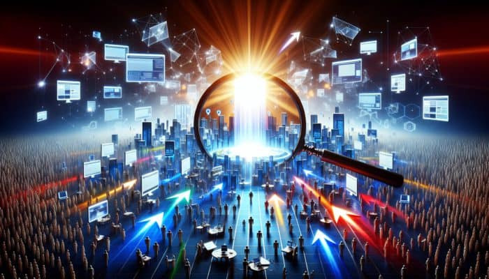 Small Business SEO in Tidworth: A magnifying glass highlights a glowing website among others, symbolizing SEO boosting visibility and increasing traffic and sales.