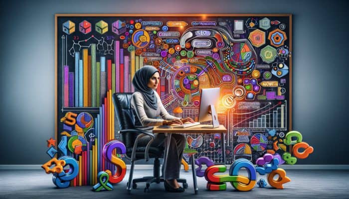 SEO Services for Small Businesses: A small business owner analyzing SEO data on a computer, surrounded by growth charts and a strategic framework diagram in a cozy office.