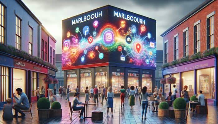 Digital Advertising in Marlborough for Small Business: A vibrant digital billboard in Marlborough's town square showing ads on various platforms, with small business owners engaging customers.