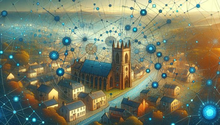 Web Development in Ottery St Mary for Small Business: A vibrant digital web symbolizing web development, with design, security, and content elements, set in Ottery St Mary.