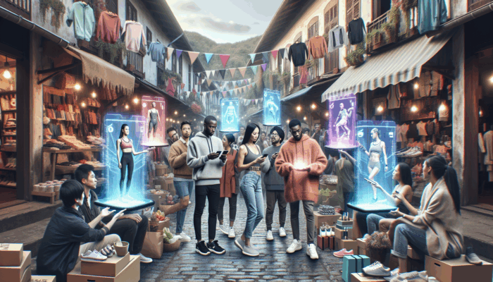 Local influencers in Sturminster Newton market engaging crowd with e-commerce products on smartphones.