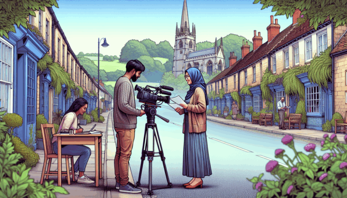 A small business owner filming a promotional video in Wotton-under-Edge, guided by experts amidst quaint architecture and greenery.
