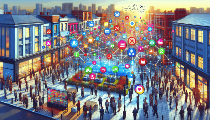 Social Media Management in Exmouth for Small Business: A vibrant digital hub in Exmouth where small businesses engage with customers via colorful social media platforms.