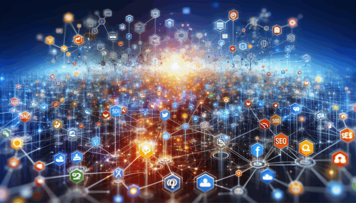 Online Marketing in Frome for Small Business: A vibrant digital landscape showcasing interconnected nodes for social media, SEO, and email icons, representing online marketing strategies.