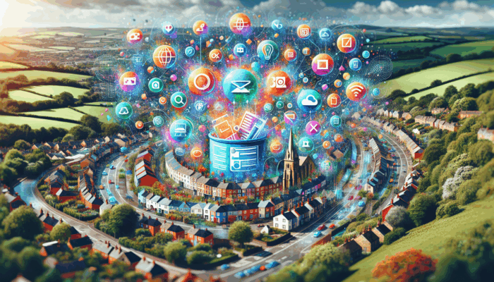 WordPress Website Design Agency in Sturminster Newton: A customizable WordPress website with SEO and social media plugins, set in Sturminster Newton's townscape.