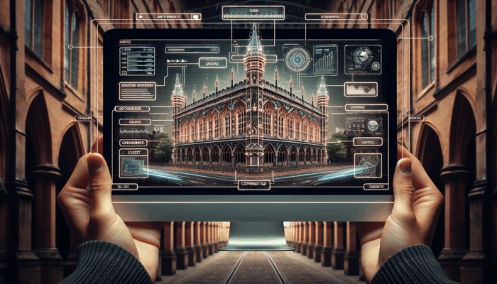 On-page SEO in Exeter for Small Business:A computer screen showing SEO-optimized web page elements, with Exeter's historic architecture in the background.