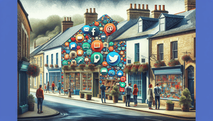 Online Marketing in Stow-on-the-Wold Gloucestershire for Small Business: A quaint street in Stow-on-the-Wold with shops showcasing online marketing elements like social media icons and search engine logos.