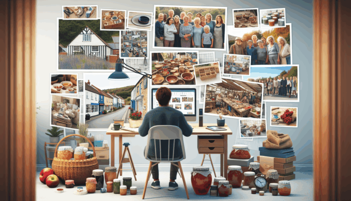 Blog Writing in Beaminster for Small Business: A small business owner in Beaminster writes a blog post on a laptop, surrounded by local products and community photos.