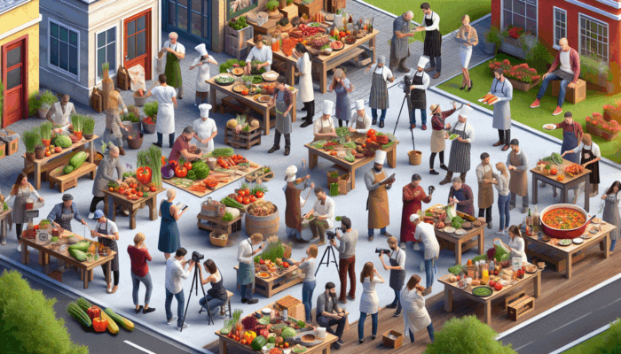 A vibrant scene of Nailsworth community collaboration, showcasing local chefs, farmers, and influencers fostering unity.