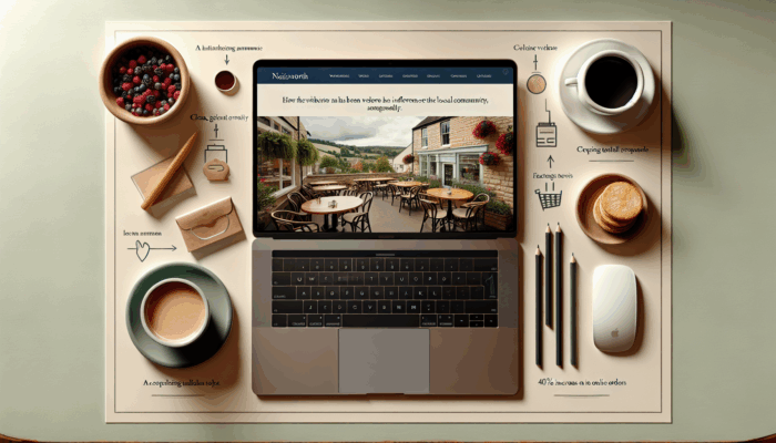 Expert Website Redesign in Nailsworth for Small Businesses: Cozy café in Nailsworth with laptop showing revamped website: streamlined menu navigation, community-inspired aesthetics, and graphics for 40% order surge.