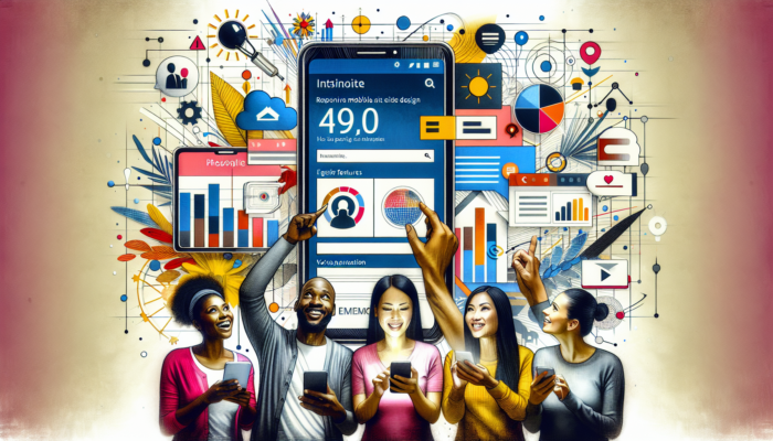 Mobile Website Design in Sherborne for Small Business: Illustration of a responsive mobile website for Sherborne businesses, adapting to smartphones and tablets, with fast animations, voice navigation, and happy diverse users.