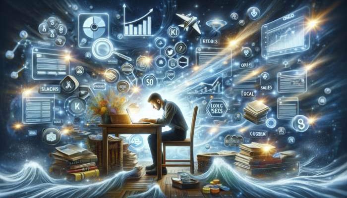 SEO for Small E-commerce in Nailsworth Glos: Focused owner in a bustling Nailsworth e-commerce shop analyzes keywords on a laptop, surrounded by graphs of rising traffic and converting customers.