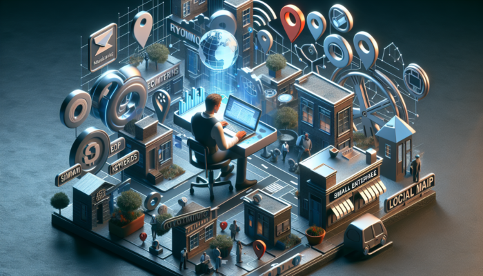 Small Business SEO in Cinderford: An entrepreneur in Cinderford optimizing a website on a laptop, surrounded by floating icons of keywords, local maps, and SEO tools.