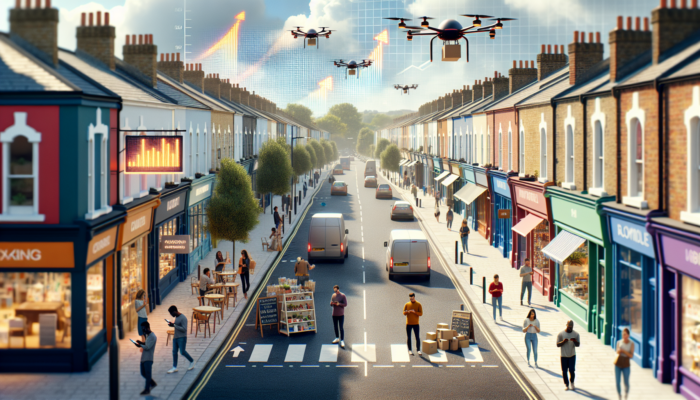 E-commerce Development Company in Nailsea: Vibrant Nailsea street: people shopping online on smartphones, eco-friendly stores, hovering delivery drones, and digital growth charts.