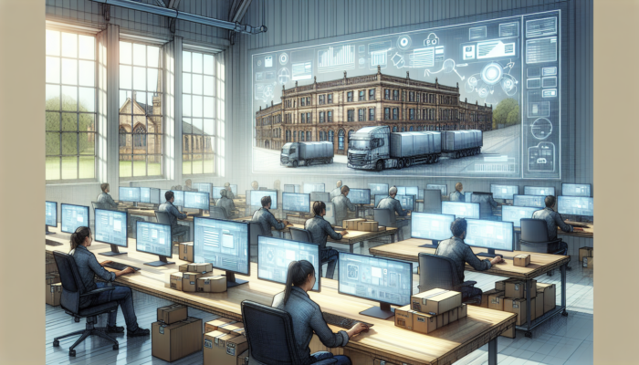 Modern ecommerce office in Nailsea: employees on computers, shipping boxes, digital screens, and historic architecture in the background.