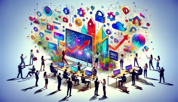 Ecommerce Development Company In Chard: Chard, UK scene: Experts designing websites on screens, secure payments with digital locks, rising SEO graphs, and digital marketing under a Union Jack.