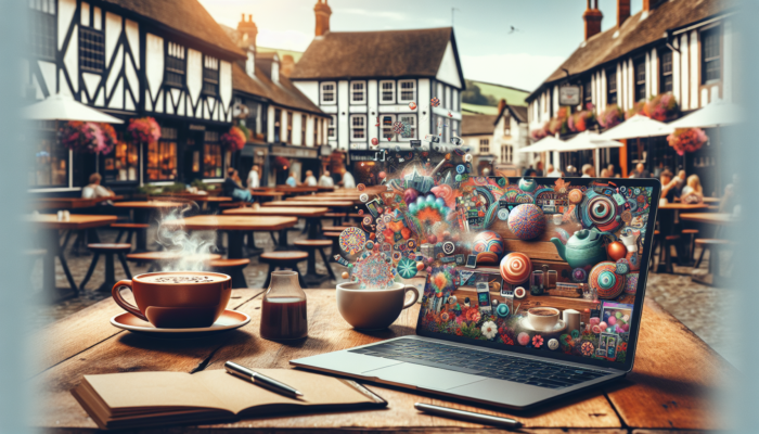 Web Development in Shaftesbury for Small Businesses: A cozy café in historic Shaftesbury with rustic wooden tables, steaming coffee, and a laptop displaying a website with colorful menus and reviews.