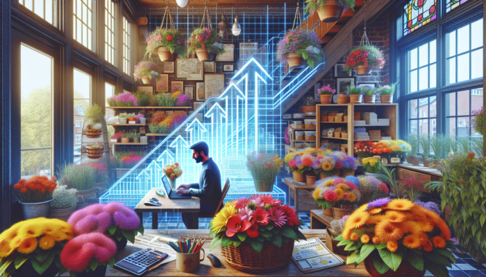 A vibrant florist shop in historic Shaftesbury, England, with colorful bouquets, as an owner optimizes a website on a laptop, showing rising holographic search rankings.