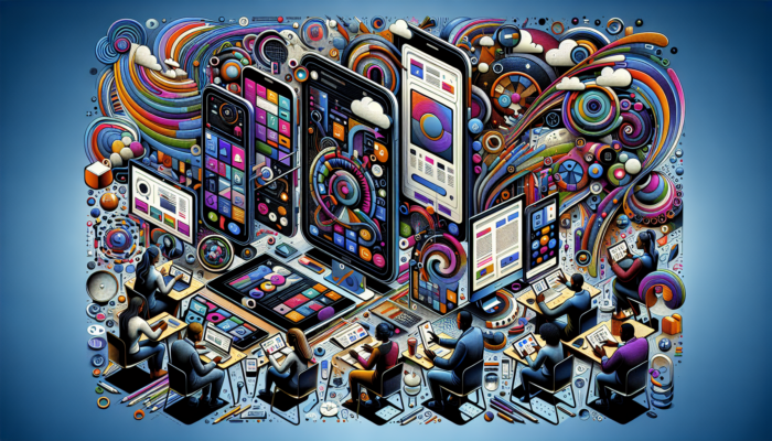 Mobile Website Design in Keynsham for Small Business: Vibrant illustration of a responsive UK small business website adapting to smartphones, tablets, and desktops with happy users.