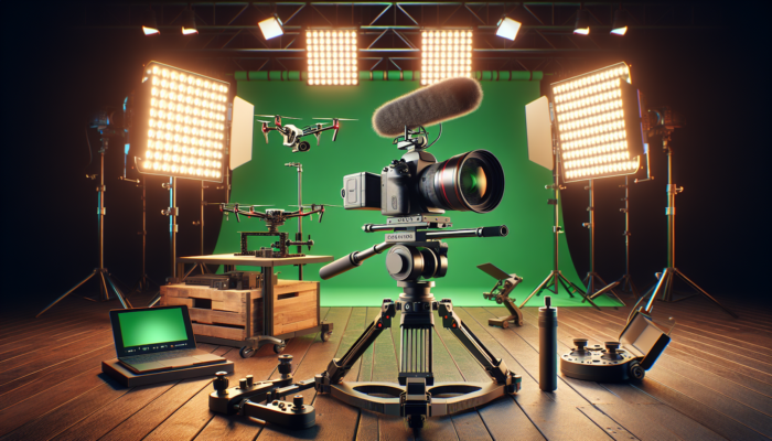 Shepton Mallet Video Production for Small Businesses: A professional video studio in Shepton Mallet with DSLR camera on tripod, LED lights, microphone, green screen, gimbal, and drone.