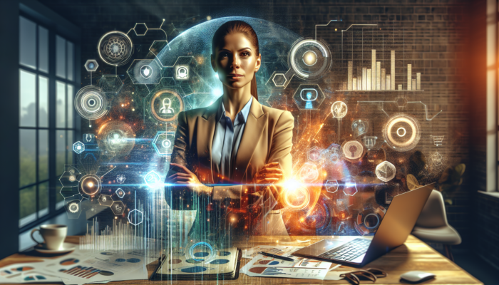 A vibrant illustration of a determined entrepreneur in a modern office with laptops, charts, and networks, symbolizing business success.