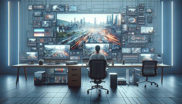 A video editor in a modern Shepton Mallet studio refines footage on high-tech screens, adding effects and graphics for polished business narratives.