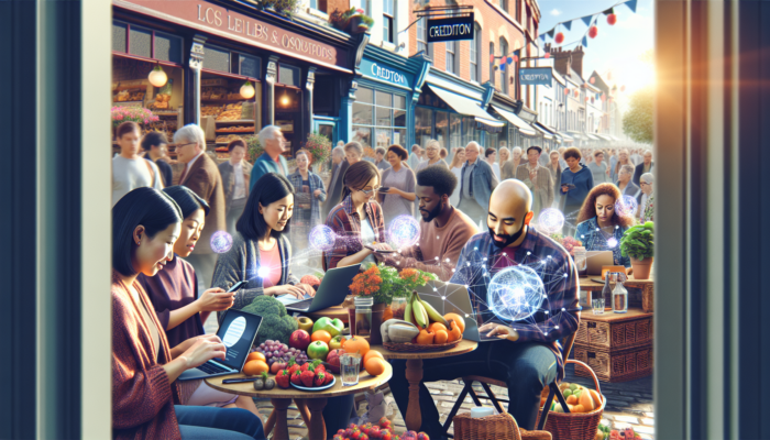 Blog Writing in Crediton for Small Business: Vibrant Crediton street scene: cozy café displaying fresh local ingredients, patrons on laptops reading community event blogs, symbolising enhanced business visibility.