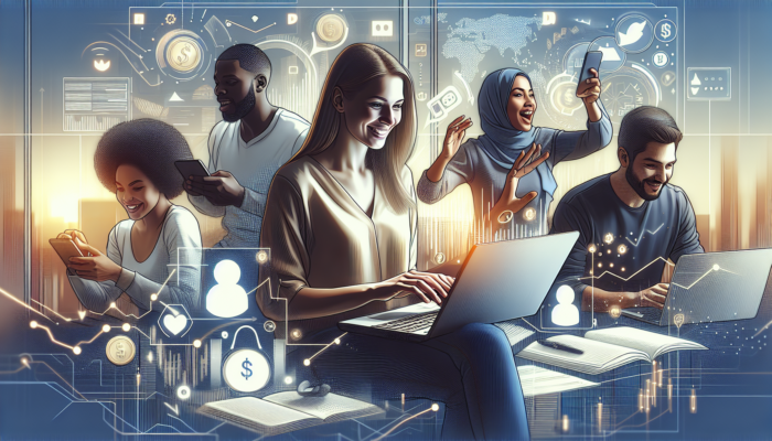 A blogger writes on a laptop in a modern office, surrounded by diverse customers reading, commenting, and sharing on screens with financial symbols like coins and charts.