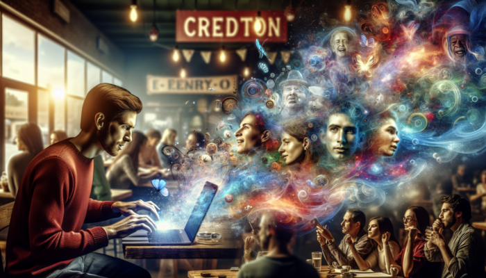 A blogger in a Crediton cafe types a charity story, with swirling words and emotional faces emerging from the screen, engaging the audience.