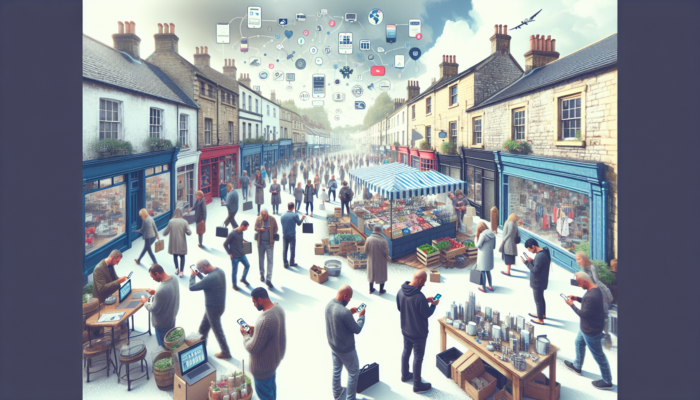 E-Commerce for Small Businesses in Bradford-on-Avon: Image of Bradford-on-Avon's historic streets: small shops as e-commerce hubs, locals browsing smartphones in bustling markets, symbolizing online shopping growth.