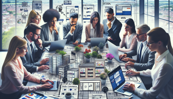 Diverse experts brainstorm online store designs in a modern Trowbridge office, with laptops showing e-commerce interfaces and website sketches.