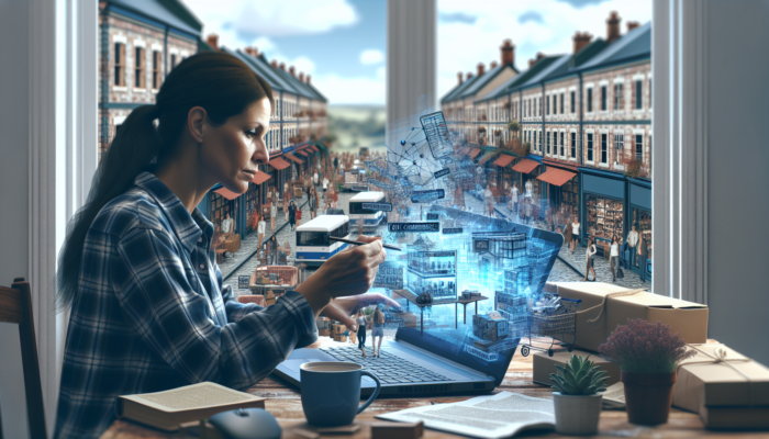 Determined Trowbridge business owner at cluttered desk with glitching laptop, studying manual amid looming retail giants.