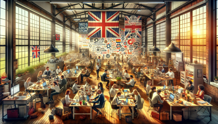 Content Creation for Small Businesses in Wotton-under-Edge: Team in Wotton-under-Edge studio crafting videos and infographics for local businesses, surrounded by laptops, British symbols, and SEO charts.