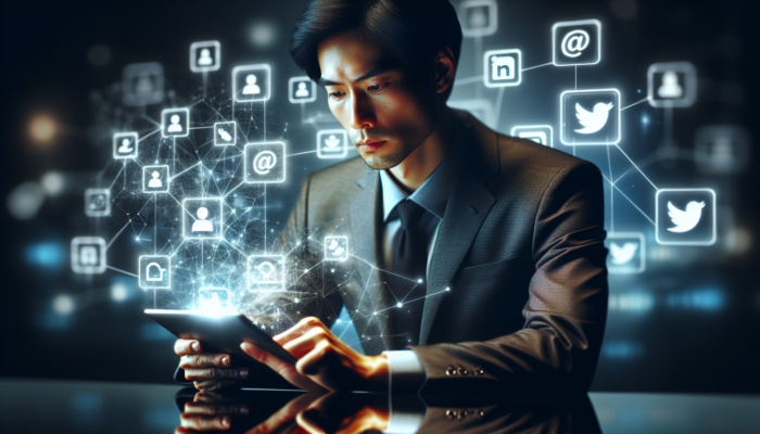 Focused business professional at a modern desk, surrounded by glowing social media icons, analyzing charts on a tablet for platform selection.