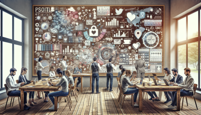 In a bustling Yate office, a team collaborates on a digital social media calendar, while a café owner schedules promotions on a smartphone.