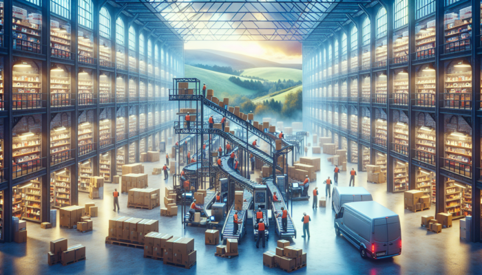 Busy e-commerce warehouse in Radstock: workers scanning packages on conveyor belts, shelves of products, computer screens, delivery vans, and misty green hills.